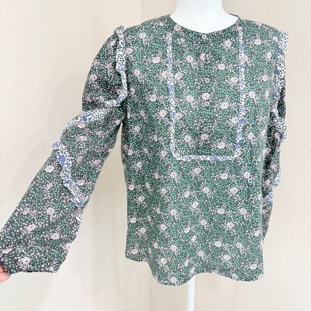 J.Crew Blouse Medium Green Floral GardenRuffle & Bishop Sleeves Workwear Teacher